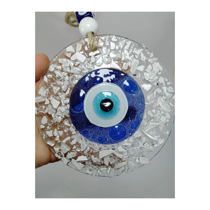 Beyaz Kırıntılı Cam Nazar Boncuğu El Yapımı Duvar Dekoru 13 Cm