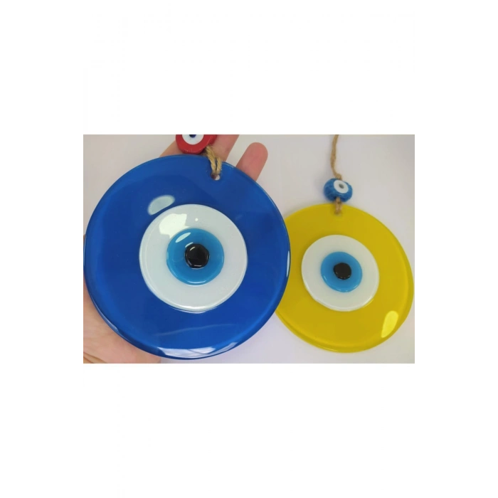 Opak Cam Nazar Boncuğu Ikili Set Mavi Ve Sarı Duvar Dekoru 12cm