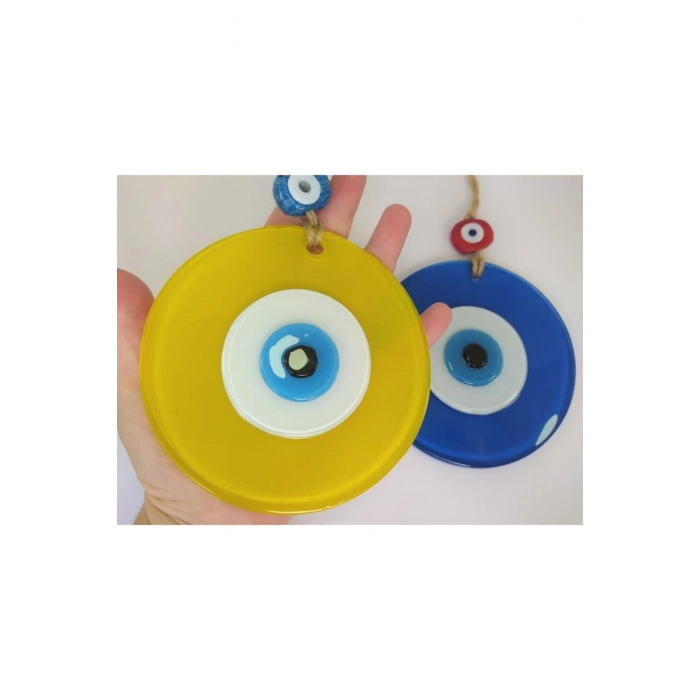 Opak Cam Nazar Boncuğu Ikili Set Mavi Ve Sarı Duvar Dekoru 12cm