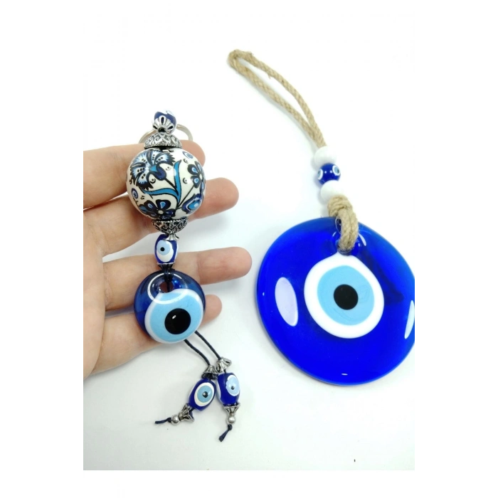 Yeni Ev Hediyesi Cam Nazarlık Seti Duvar Dekoru + Seramik Anahtarlık El Yapımı Hediyelik Eşya