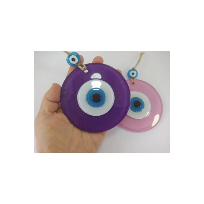 Ikili Set Opak Toz Pembe Ve Mor Nazar Boncuğu 10 Cm El Yapımı Cam Duvar Dekoru Hediyelik Eşya