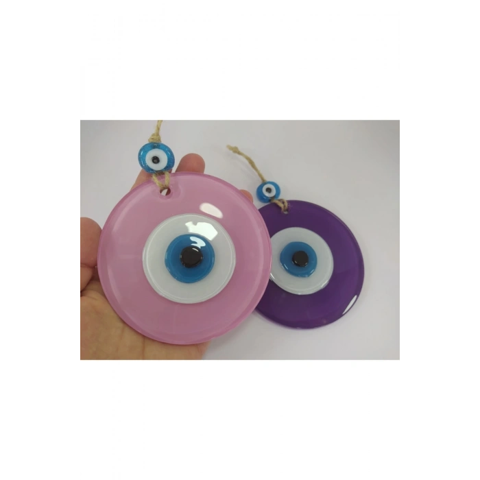 Ikili Set Opak Toz Pembe Ve Mor Nazar Boncuğu 10 Cm El Yapımı Cam Duvar Dekoru Hediyelik Eşya