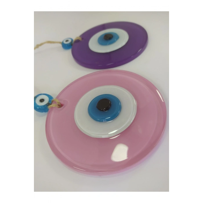 Ikili Set Opak Toz Pembe Ve Mor Nazar Boncuğu 10 Cm El Yapımı Cam Duvar Dekoru Hediyelik Eşya