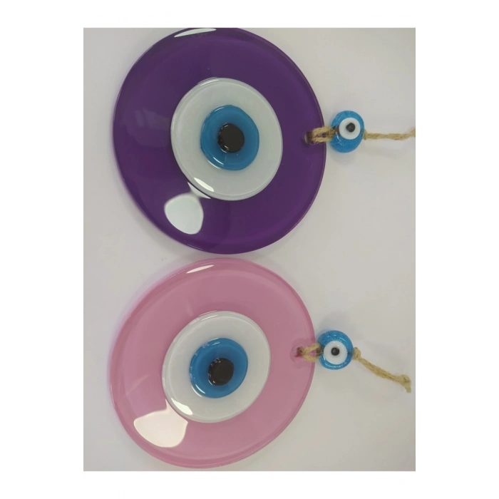 Ikili Set Opak Toz Pembe Ve Mor Nazar Boncuğu 10 Cm El Yapımı Cam Duvar Dekoru Hediyelik Eşya