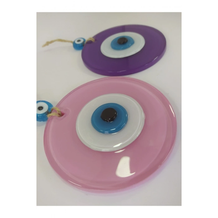 Ikili Set Opak Toz Pembe Ve Mor Nazar Boncuğu 10 Cm El Yapımı Cam Duvar Dekoru Hediyelik Eşya