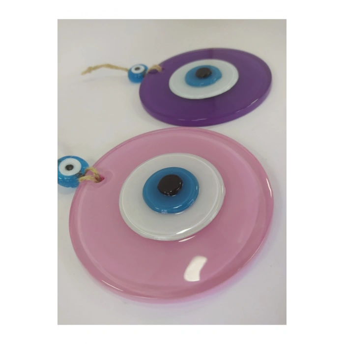 Ikili Set Opak Toz Pembe Ve Mor Nazar Boncuğu 10 Cm El Yapımı Cam Duvar Dekoru Hediyelik Eşya