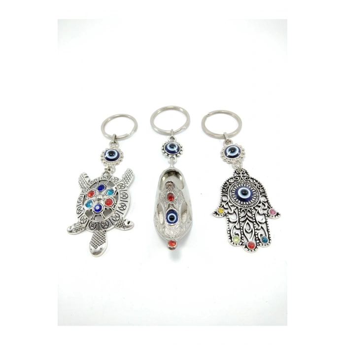 Nazar Boncuğu Anahtarlık Renkli Kaplumbağa / Çarık / Hamse Eli Metal Üçlü Set Hediyelik Aksesuar