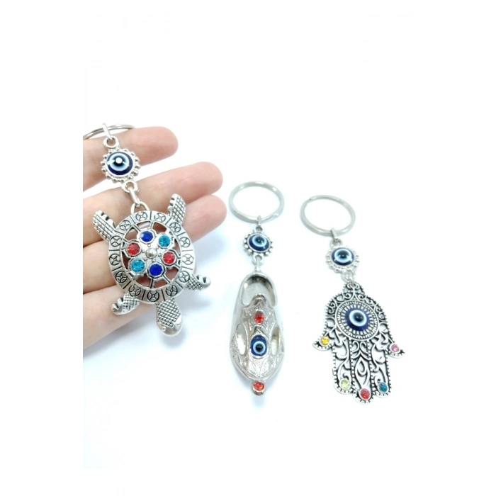 Nazar Boncuğu Anahtarlık Renkli Kaplumbağa / Çarık / Hamse Eli Metal Üçlü Set Hediyelik Aksesuar