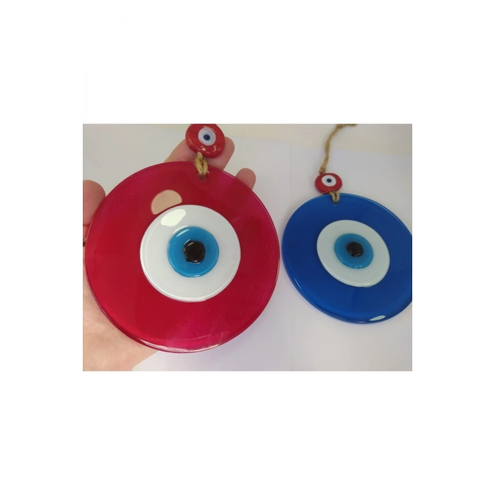 Opak Kırmızı Ve Mavi Cam Nazar Boncuğu Ikili Set Duvar Dekoru 12 Cm Hediyelik Eşya