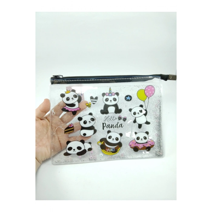 Simli Ve Sulu Şeffaf Panda Temalı Çok Amaçlı Çanta Kalemlik Okula Başlangıç Hediyesi