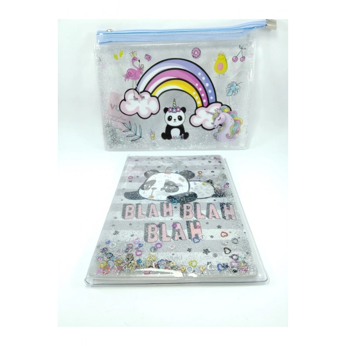 Hediyelik Kırtasiye Seti A5 Boy Simli/sulu Şeffaf Panda Temalı Defter + Şeffaf/simli Kalemlik