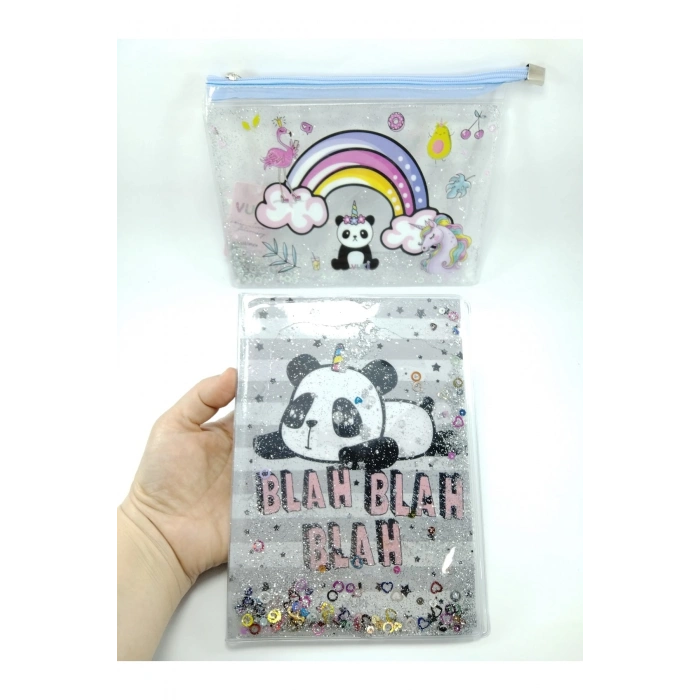 Hediyelik Kırtasiye Seti A5 Boy Simli/sulu Şeffaf Panda Temalı Defter + Şeffaf/simli Kalemlik