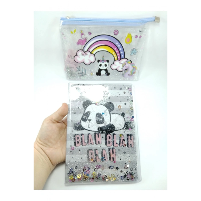 Hediyelik Kırtasiye Seti A5 Boy Simli/sulu Şeffaf Panda Temalı Defter + Şeffaf/simli Kalemlik