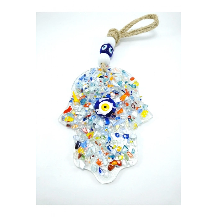Fatıma Eli Nazar Boncuğu Duvar Dekoru Hamse Eli El Yapımı Cam Hediyelik Eşya 17x12 Cm