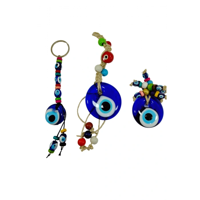 Nazarlık Set Duvar Dekoru + Anahtarlık + Magnet El Yapımı Cam Hediyelik Set