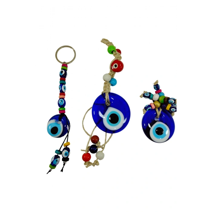 Nazarlık Set Duvar Dekoru + Anahtarlık + Magnet El Yapımı Cam Hediyelik Set