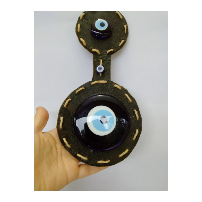 Deri Süslemeli Nazar Boncuğu Duvar Dekoru El Yapımı Cam Dekoratif Hediyelik Eşya