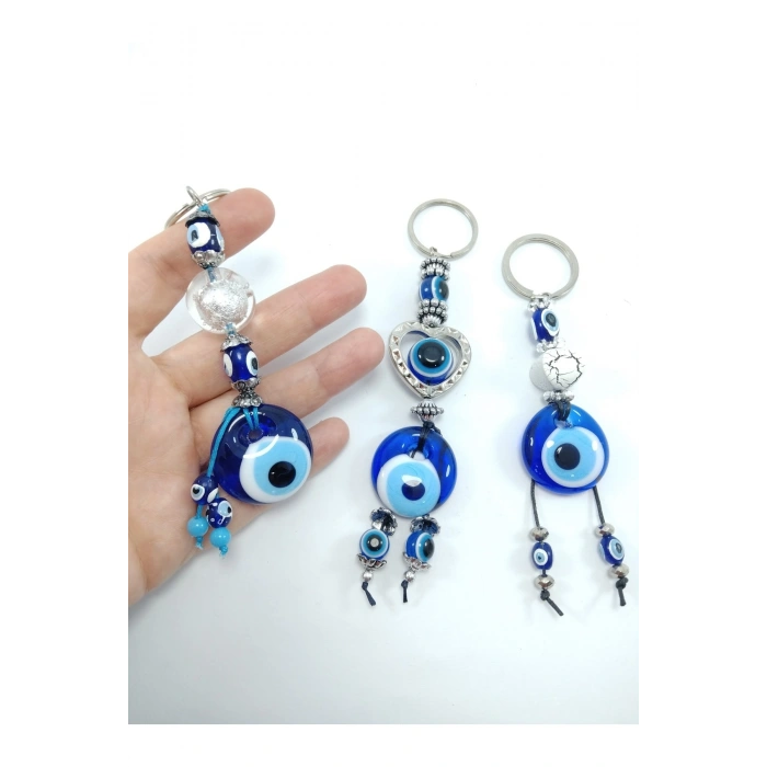 Nazar Boncuğu Anahtarlık Seti El Yapımı Cam Hediyelik Eşya Kalp Küre Temalı Üçlü Set