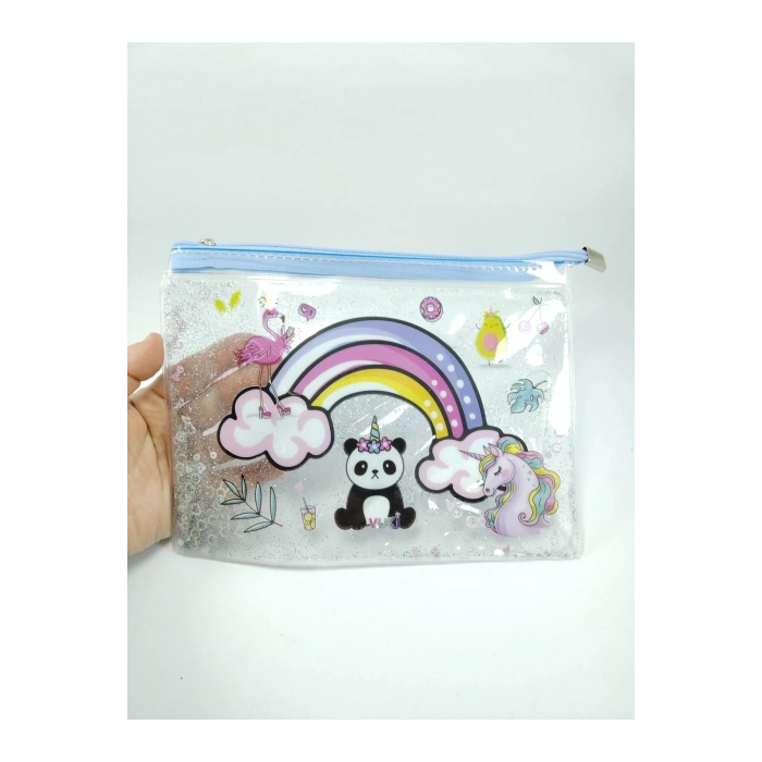 Simli Ve Sulu Şeffaf Panda Temalı Pastel Renkli Çok Amaçlı Çanta Kalemlik Okula Başlangıç Hediyesi