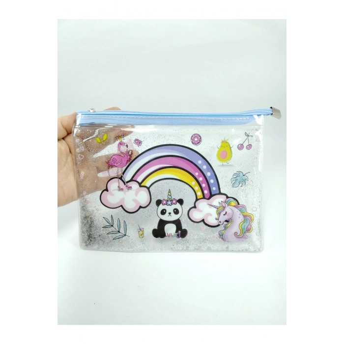 Simli Ve Sulu Şeffaf Panda Temalı Pastel Renkli Çok Amaçlı Çanta Kalemlik Okula Başlangıç Hediyesi