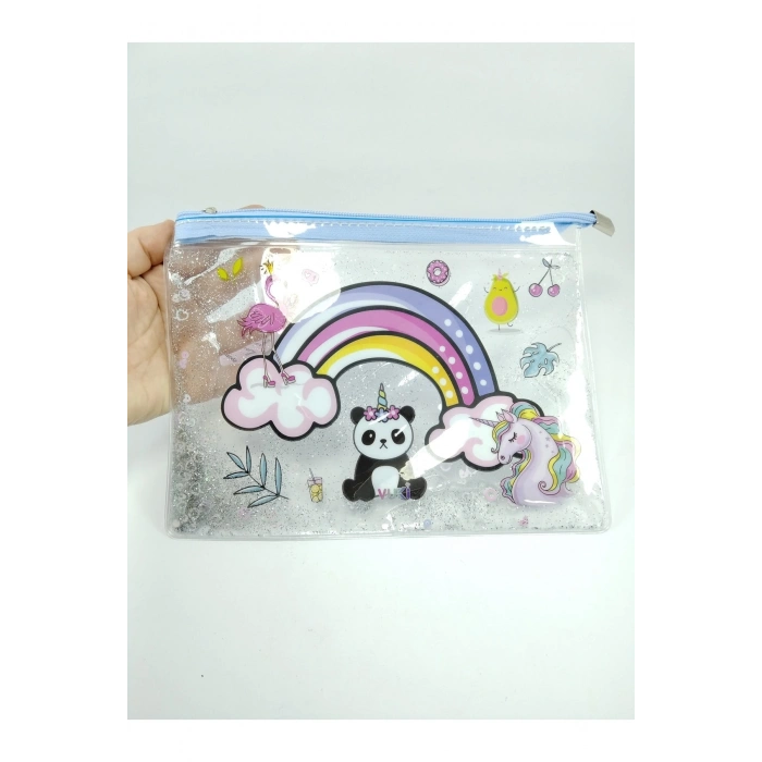 Simli Ve Sulu Şeffaf Panda Temalı Pastel Renkli Çok Amaçlı Çanta Kalemlik Okula Başlangıç Hediyesi