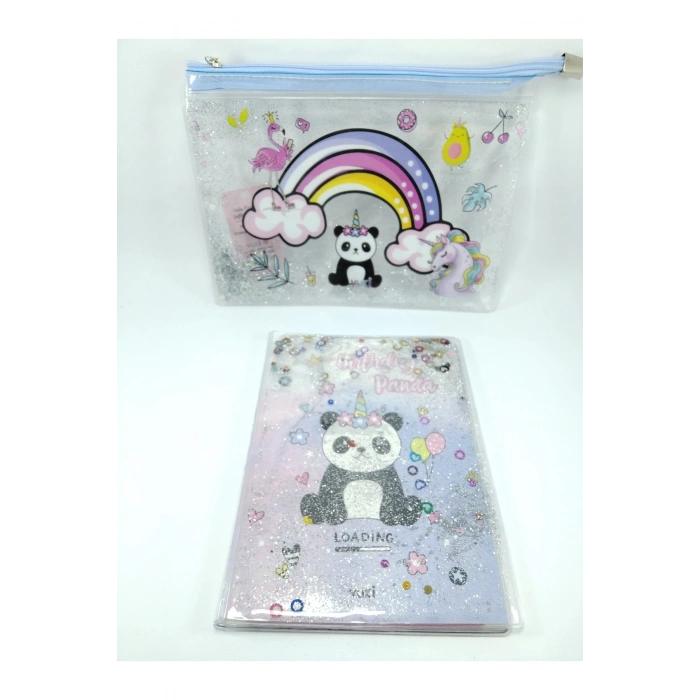 Panda Hediyelik Kırtasiye Seti A5 Boy Simli/sulu Şeffaf Panda Temalı Defter Şeffaf/simli Kalemlik