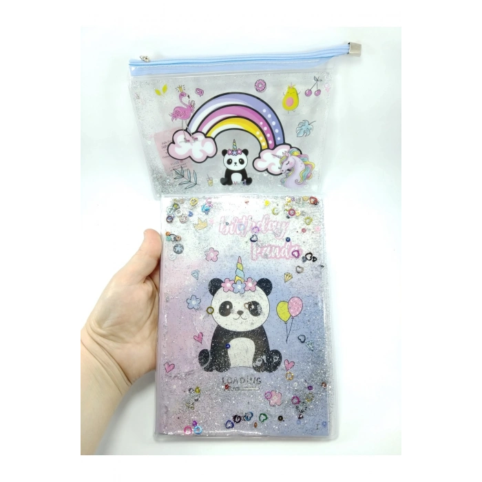 Panda Hediyelik Kırtasiye Seti A5 Boy Simli/sulu Şeffaf Panda Temalı Defter Şeffaf/simli Kalemlik