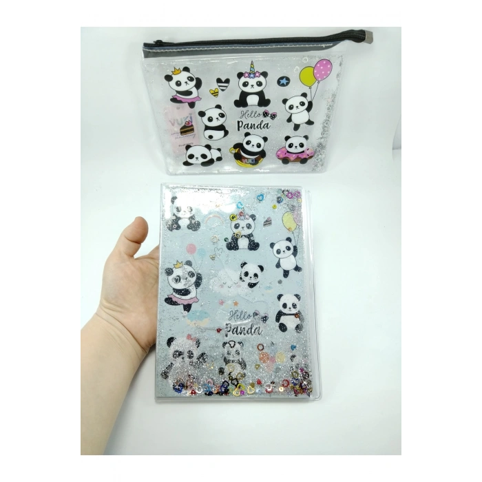 Hediyelik Kırtasiye Seti A5 Boy Simli/sulu Şeffaf Panda Temalı Defter + Şeffaf/simli Kalemlik