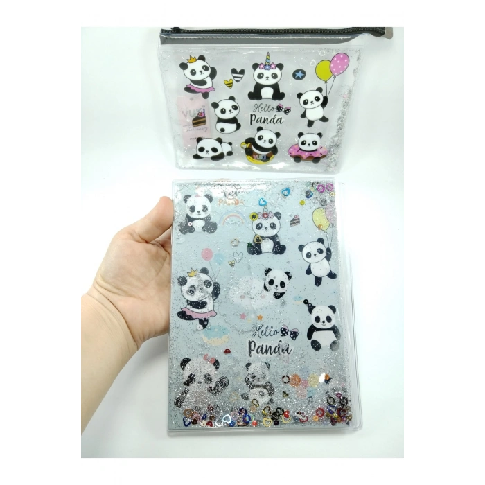 Hediyelik Kırtasiye Seti A5 Boy Simli/sulu Şeffaf Panda Temalı Defter + Şeffaf/simli Kalemlik