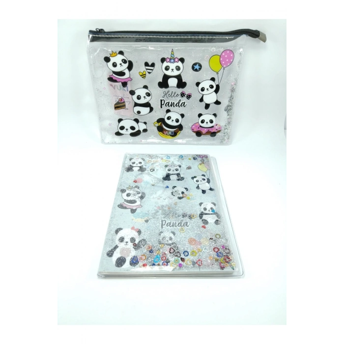 Hediyelik Kırtasiye Seti A5 Boy Simli/sulu Şeffaf Panda Temalı Defter + Şeffaf/simli Kalemlik