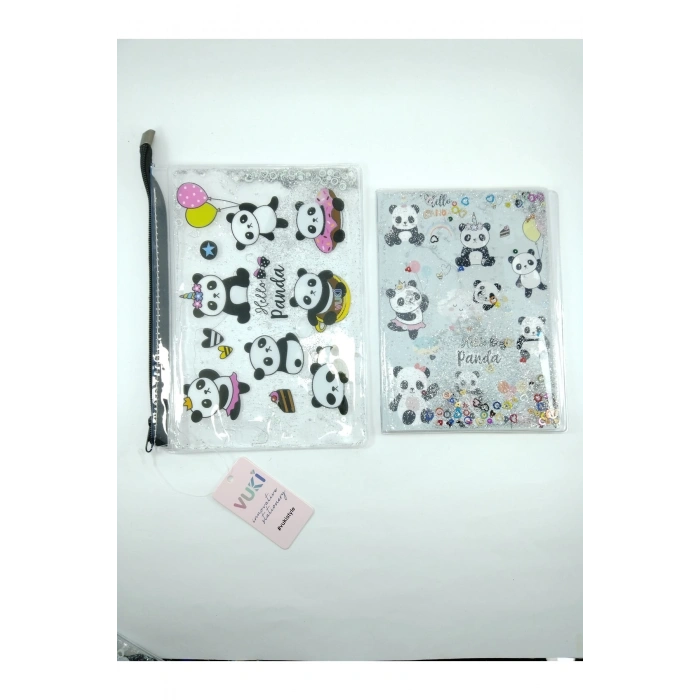 Hediyelik Kırtasiye Seti A5 Boy Simli/sulu Şeffaf Panda Temalı Defter + Şeffaf/simli Kalemlik