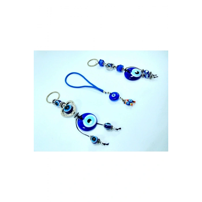 Üçlü Cam Nazar Boncuklu Anahtarlık+araba Süsü Seti El Yapımı Hediyelik Eşya