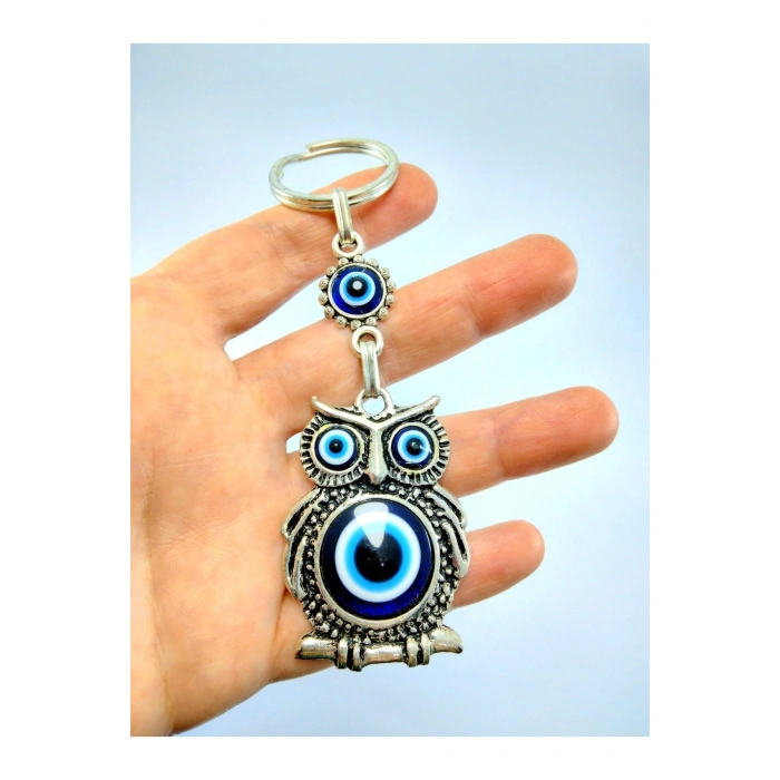 Baykuş Nazar Boncuğu Metal Anahtarlık/dikiz Ayna Süsü Hediyelik Aksesuar