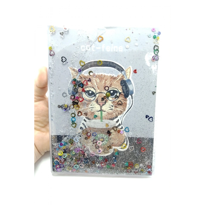 Hediyelik Defter A5 Boy Simli Ve Sulu Şeffaf Kedi Temalı Defter Okula Başlangıç Hediyesi