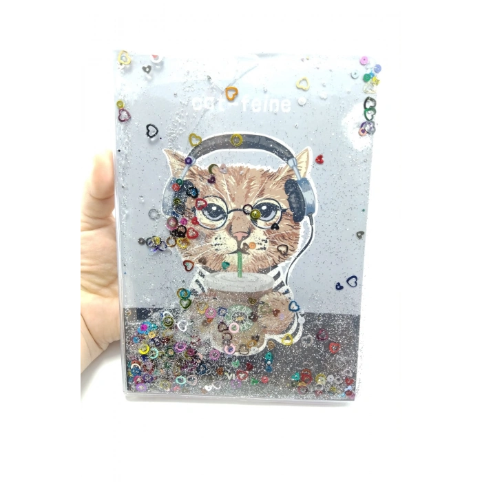 Hediyelik Defter A5 Boy Simli Ve Sulu Şeffaf Kedi Temalı Defter Okula Başlangıç Hediyesi
