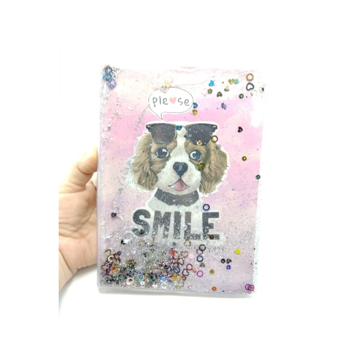 Hediyelik Defter A5 Boy Simli Ve Sulu Şeffaf Köpek Temalı Defter Okula Başlangıç Hediyesi