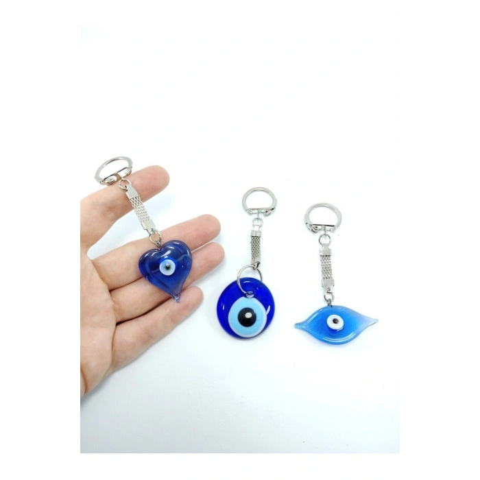 Cam Nazar Boncuğu Anahtarlık Üçlü Set El Yapımı Göz+kalp+sade Anahtarlık Hediyelik Aksesuar