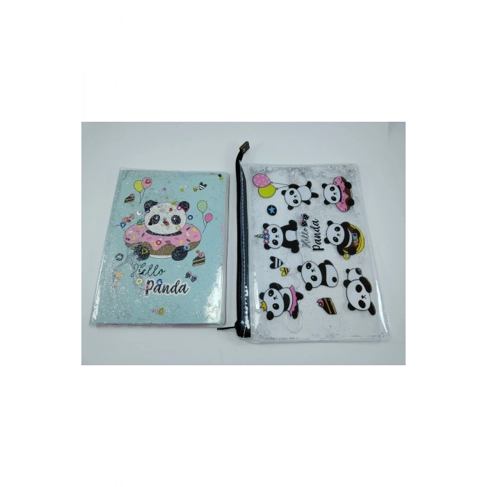 Hediyelik Kırtasiye Seti A5 Boy Simli/sulu Şeffaf Panda Temalı Defter + Şeffaf/simli Kalemlik