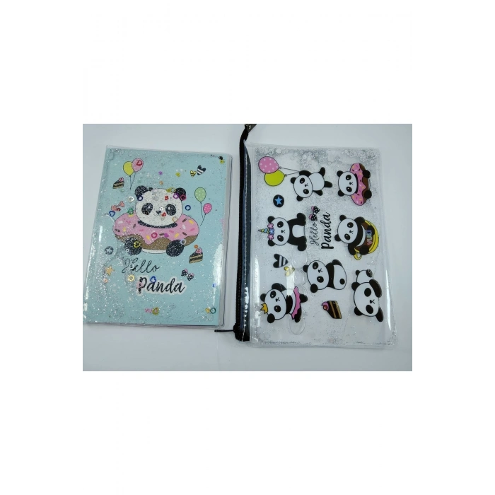 Hediyelik Kırtasiye Seti A5 Boy Simli/sulu Şeffaf Panda Temalı Defter + Şeffaf/simli Kalemlik