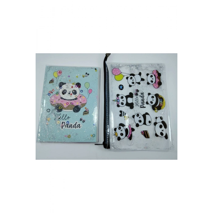 Hediyelik Kırtasiye Seti A5 Boy Simli/sulu Şeffaf Panda Temalı Defter + Şeffaf/simli Kalemlik