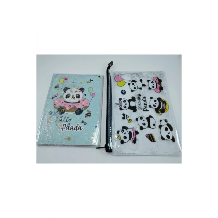 Hediyelik Kırtasiye Seti A5 Boy Simli/sulu Şeffaf Panda Temalı Defter + Şeffaf/simli Kalemlik