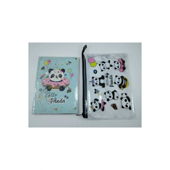 Hediyelik Kırtasiye Seti A5 Boy Simli/sulu Şeffaf Panda Temalı Defter + Şeffaf/simli Kalemlik