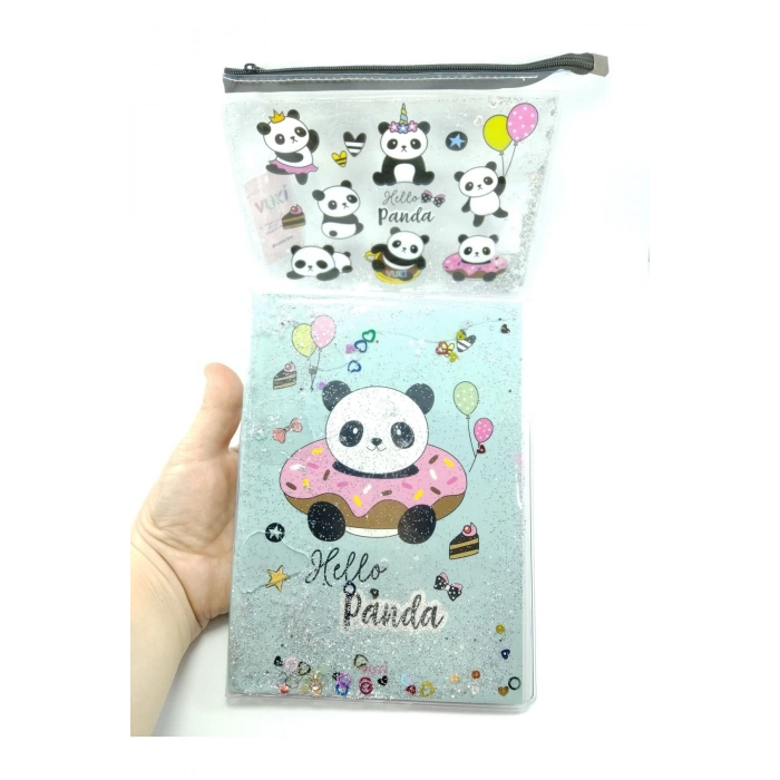 Hediyelik Kırtasiye Seti A5 Boy Simli/sulu Şeffaf Panda Temalı Defter + Şeffaf/simli Kalemlik