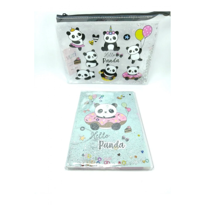 Hediyelik Kırtasiye Seti A5 Boy Simli/sulu Şeffaf Panda Temalı Defter + Şeffaf/simli Kalemlik