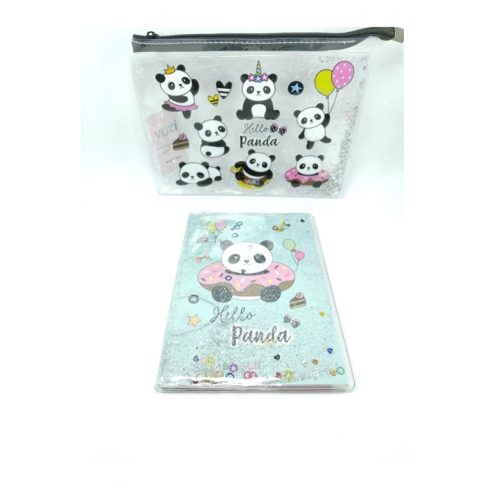 Hediyelik Kırtasiye Seti A5 Boy Simli/sulu Şeffaf Panda Temalı Defter + Şeffaf/simli Kalemlik