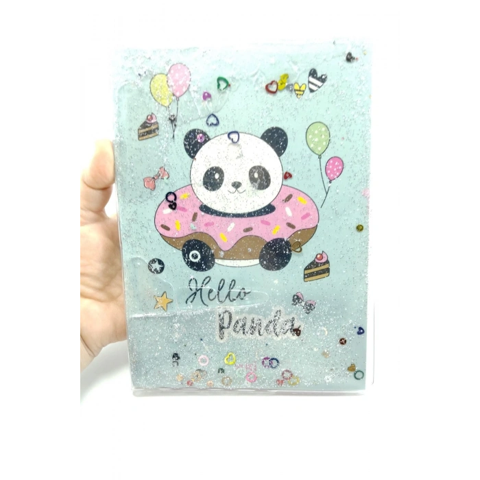 Hediyelik Kırtasiye Seti A5 Boy Simli/sulu Şeffaf Panda Temalı Defter + Şeffaf/simli Kalemlik