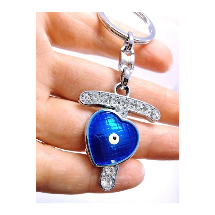 Kalp Nazar Boncuğu Metal Kristal Taşlı T Harfi Anahtarlık Hediyelik Aksesuar