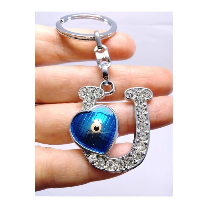 Kalp Nazar Boncuğu Metal Kristal Taşlı U Harfi Anahtarlık Hediyelik Aksesuar