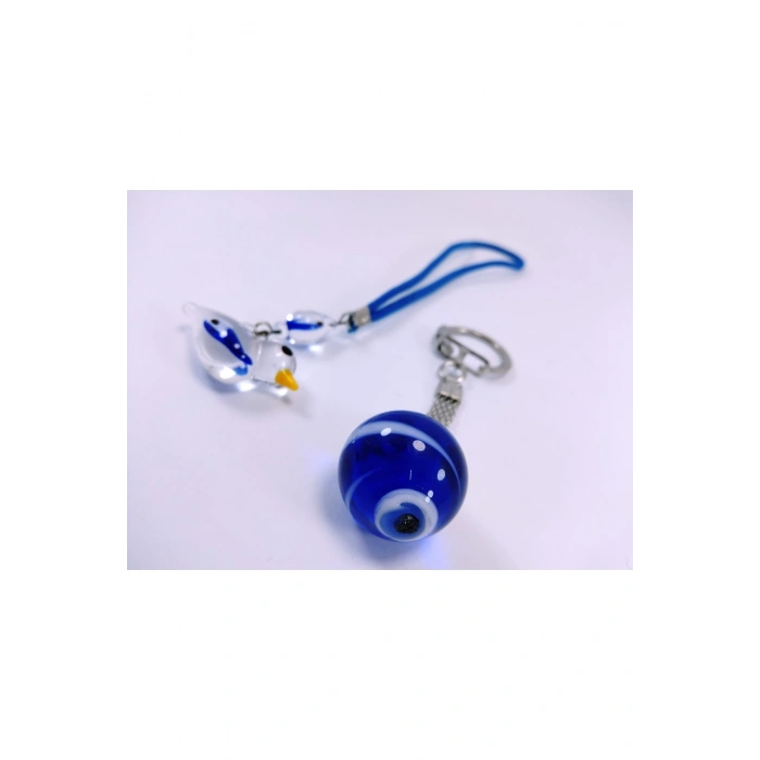 Küre Nazar Boncuk Anahtarlık + Kuş Nazar Boncuk Araba Dikiz Ayna Süsü El Yapımı Cam Hediyelik Set
