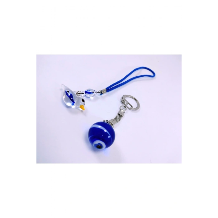 Küre Nazar Boncuk Anahtarlık + Kuş Nazar Boncuk Araba Dikiz Ayna Süsü El Yapımı Cam Hediyelik Set
